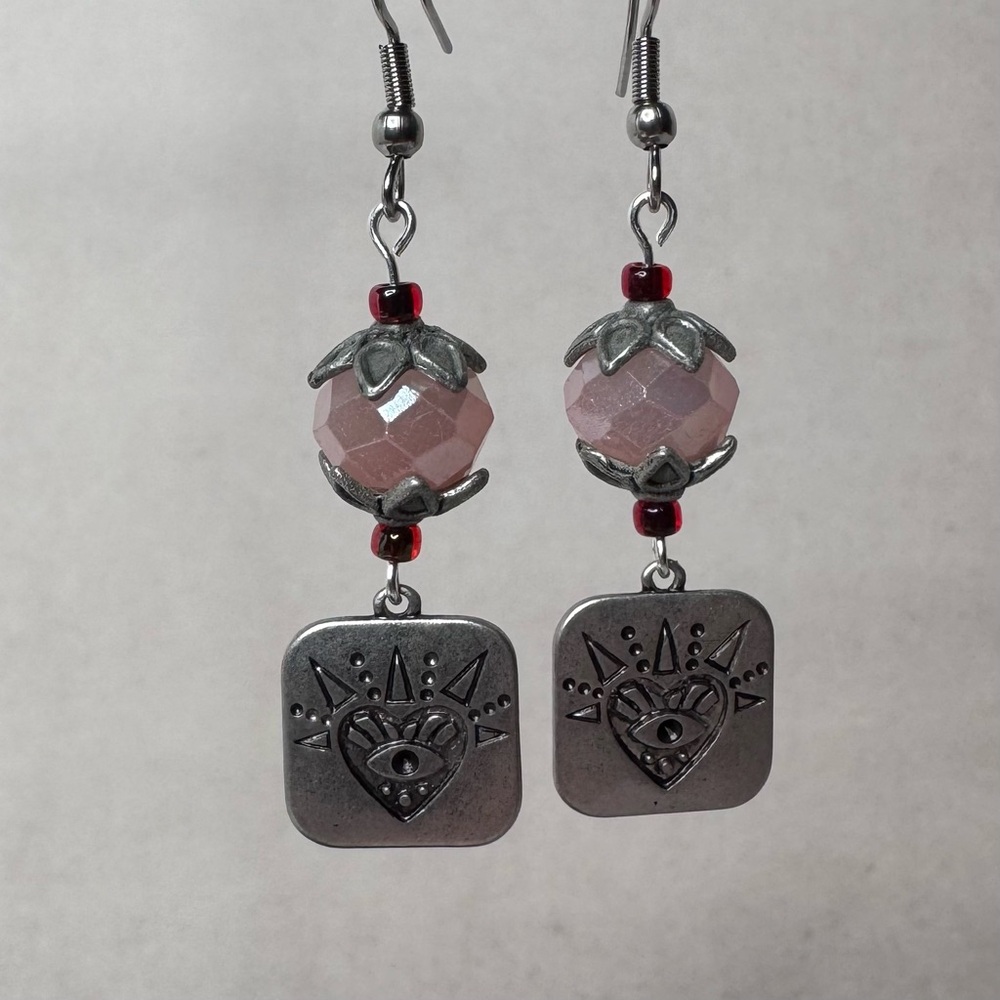 HAND CRAFTED Evil Eye Heart Sunburst Earrings 2.25” Pink Silver Crystal NWT
